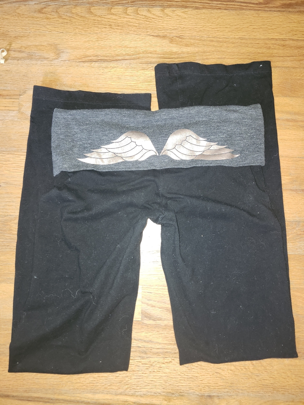 Victorias Secret Black Leggings with Grey Waistband and Metallic Wing Detail